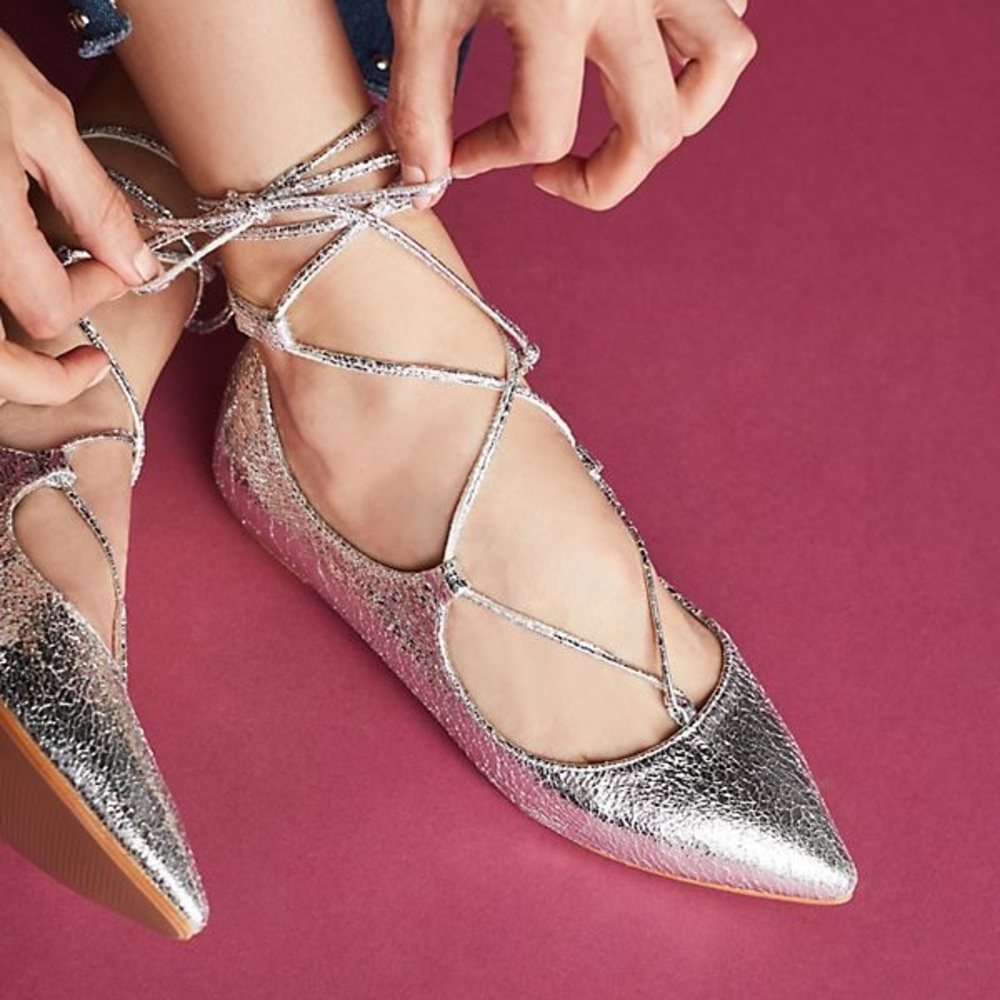 Anthropologie Metallic Silver Flats, Size 41